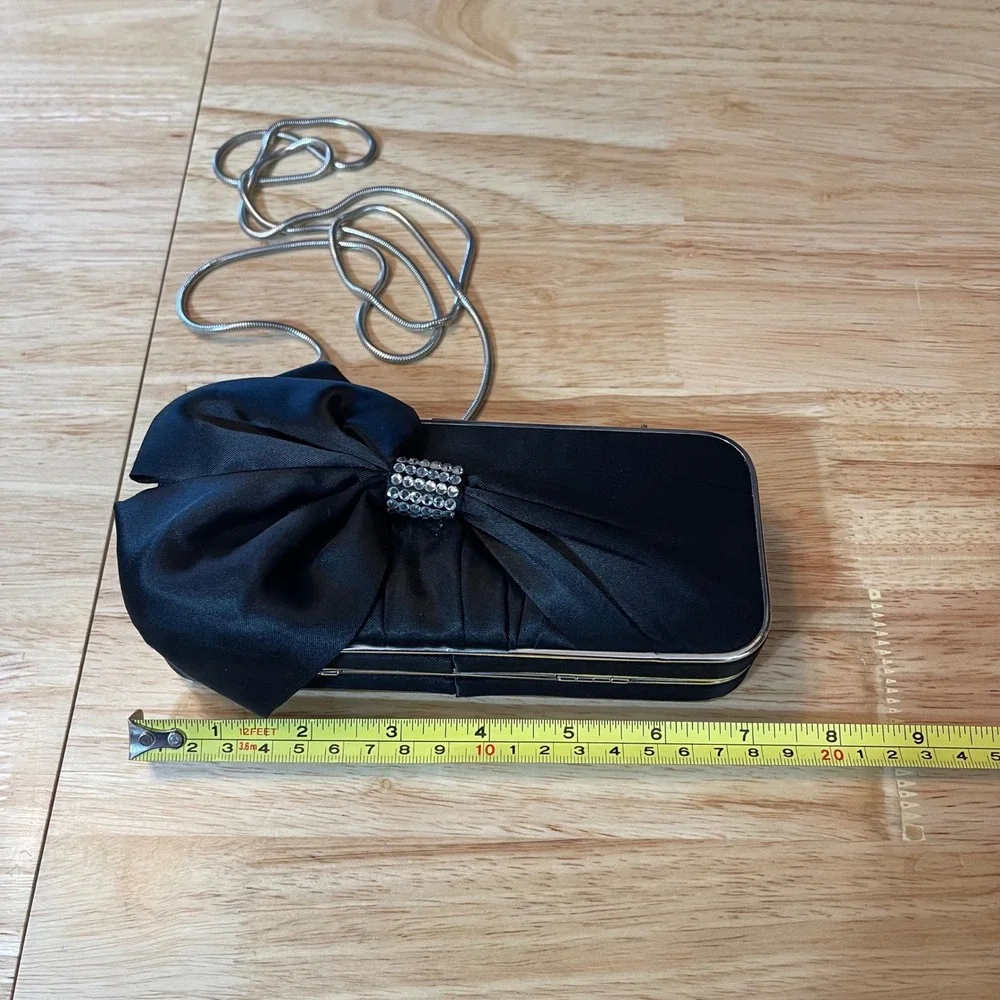Glint Black‎ Satin Bow Evening Clutch Rhinestone Silver Chain Strap Formal Bag